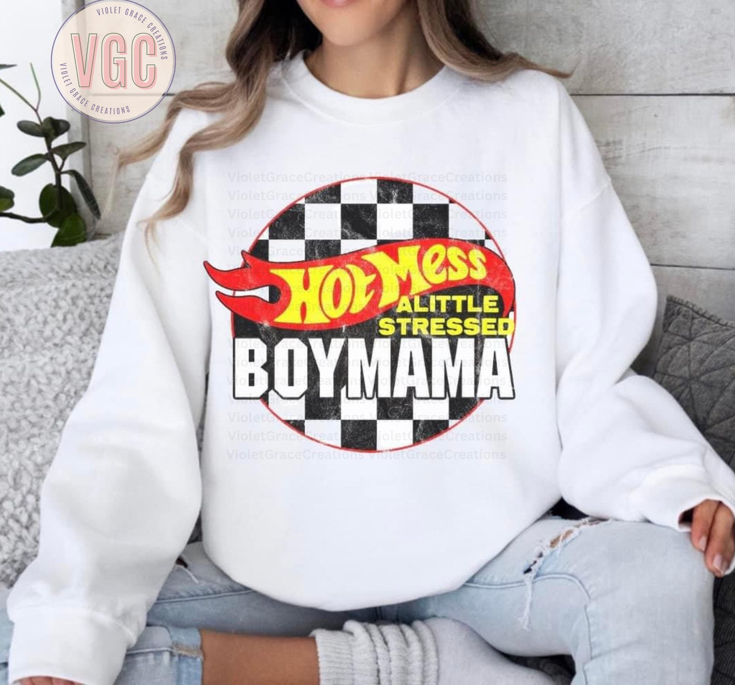 Hot Mess Boy Mama TShirt or Crewneck Sweatshirt| A little Stressed Boy Mom | Boy Mom racing TShirt| Boy Mom Era| Retro Boy Mom Graphic Tee