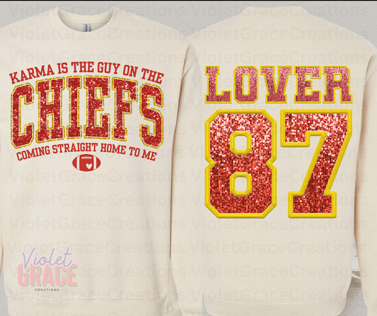 Karma is that guy | swift | 87 | Travis kelce | Lover Era | Swiftie Crewneck | Faux Glitter | Faux Sequin| Kansas City Chiefs| Superbowl