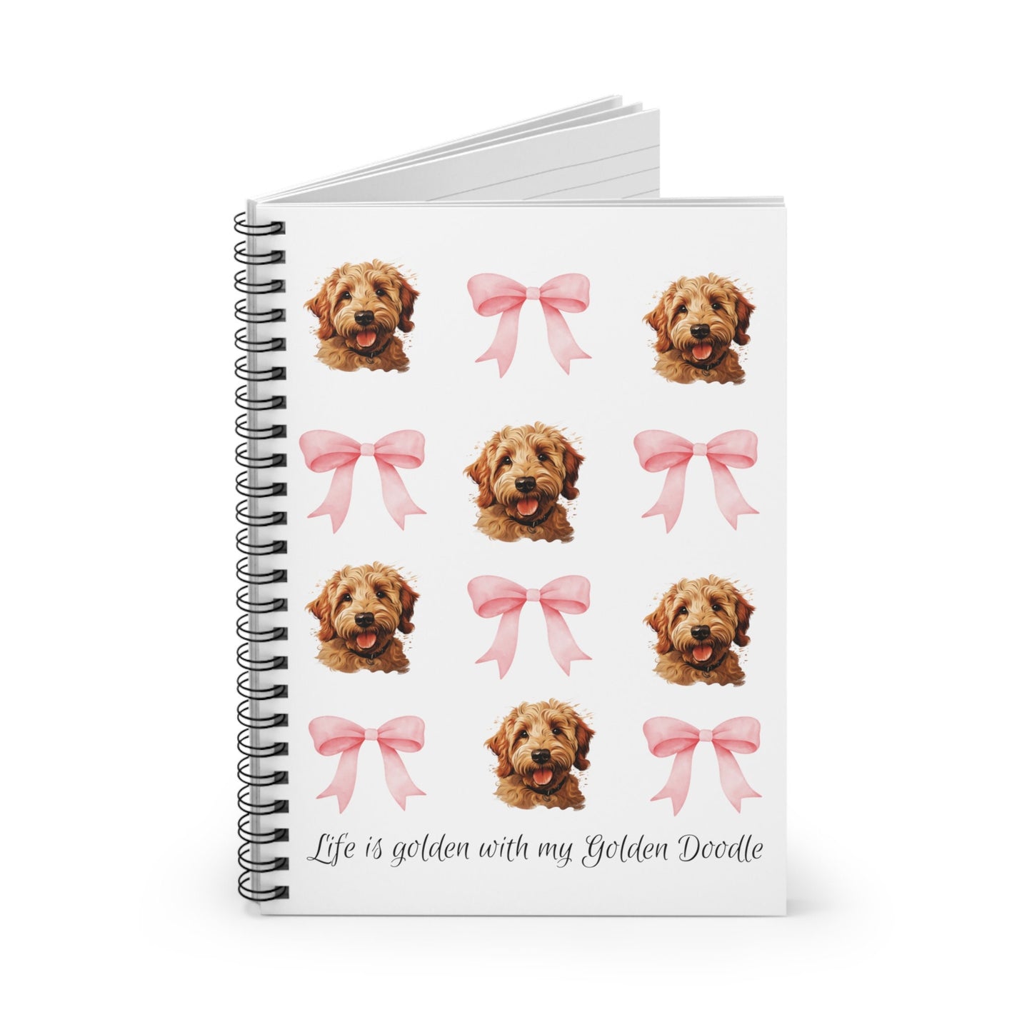 Golden Doodle Pink Bow Coquette style Spiral Notebook - Life is Golden, Ruled Journal, Goldendoodle Social Club, Cute Dog Mom Gift|