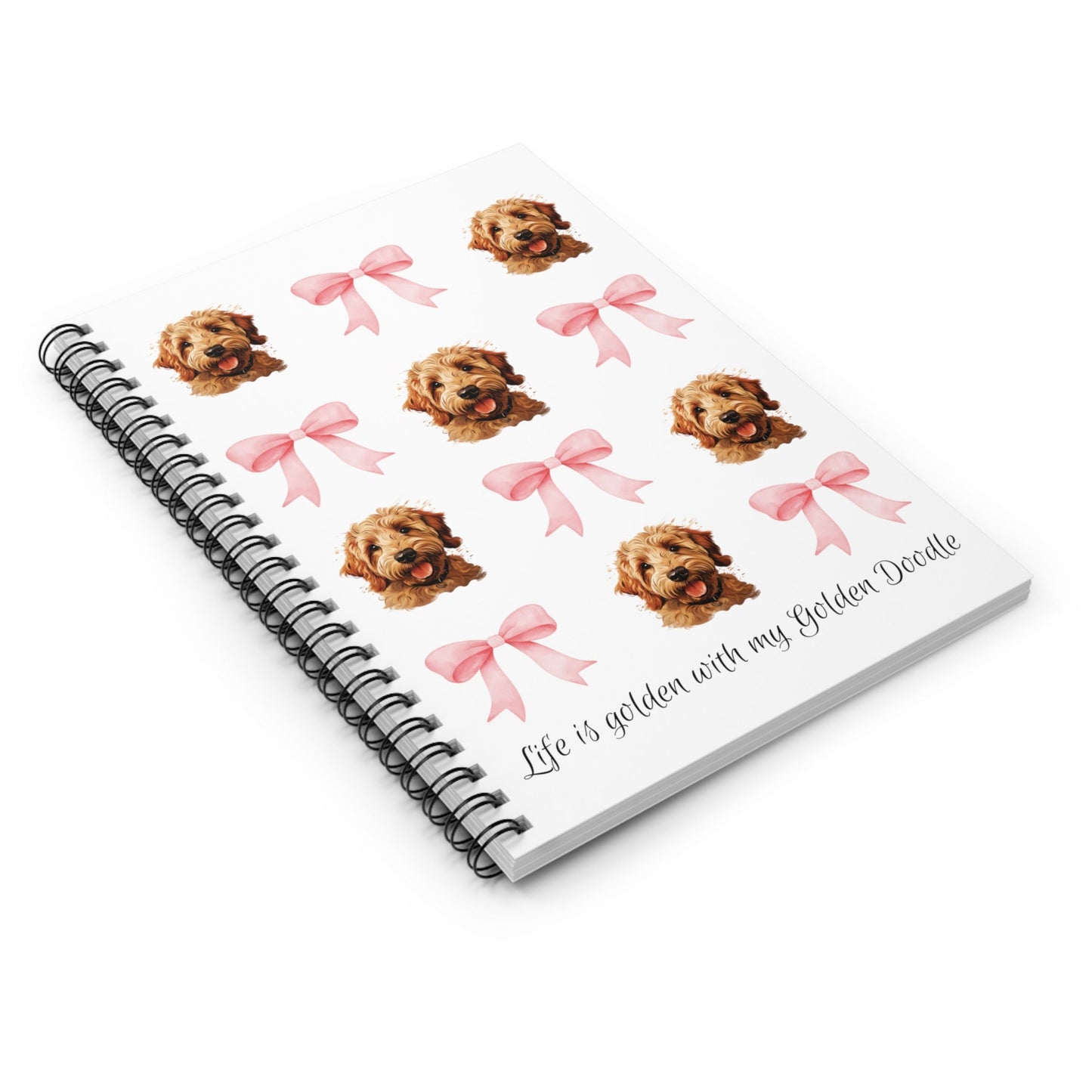 Golden Doodle Pink Bow Coquette style Spiral Notebook - Life is Golden, Ruled Journal, Goldendoodle Social Club, Cute Dog Mom Gift|