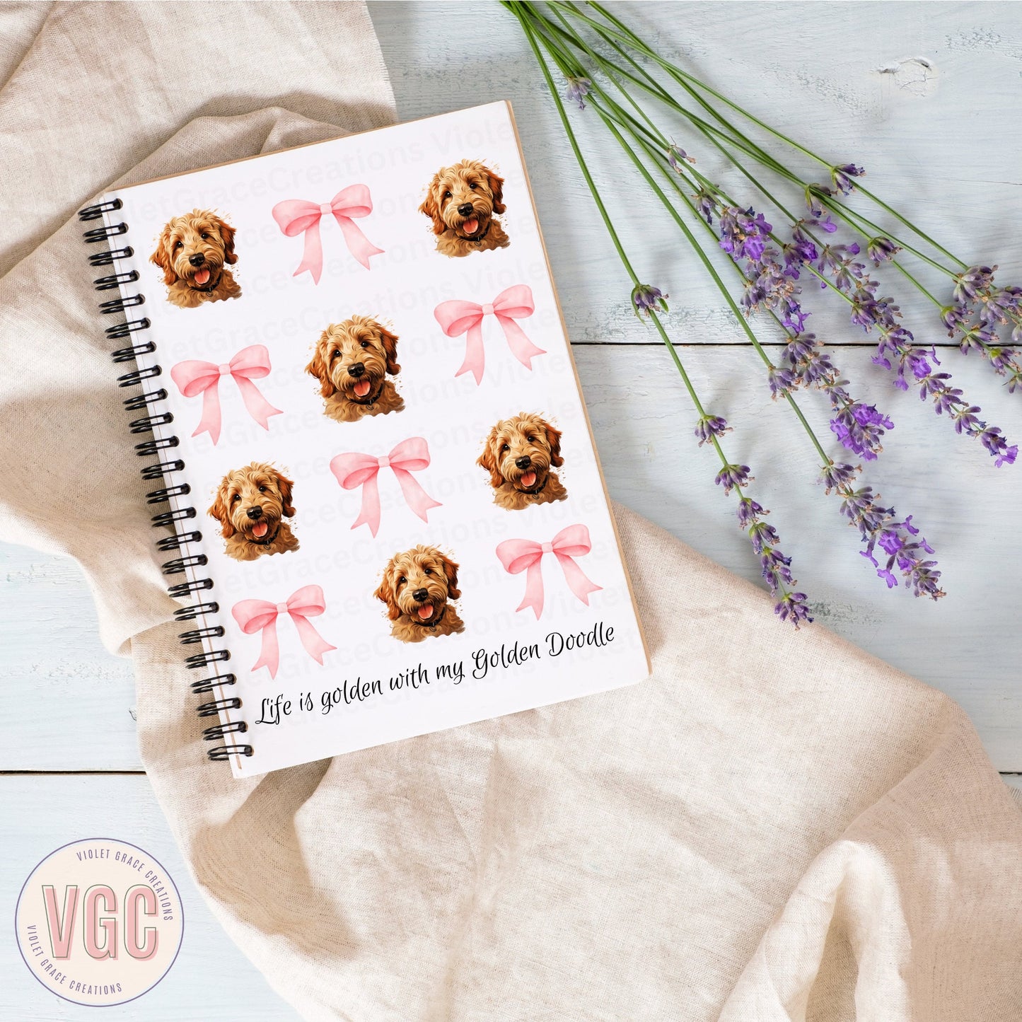 Golden Doodle Pink Bow Coquette style Spiral Notebook - Life is Golden, Ruled Journal, Goldendoodle Social Club, Cute Dog Mom Gift|