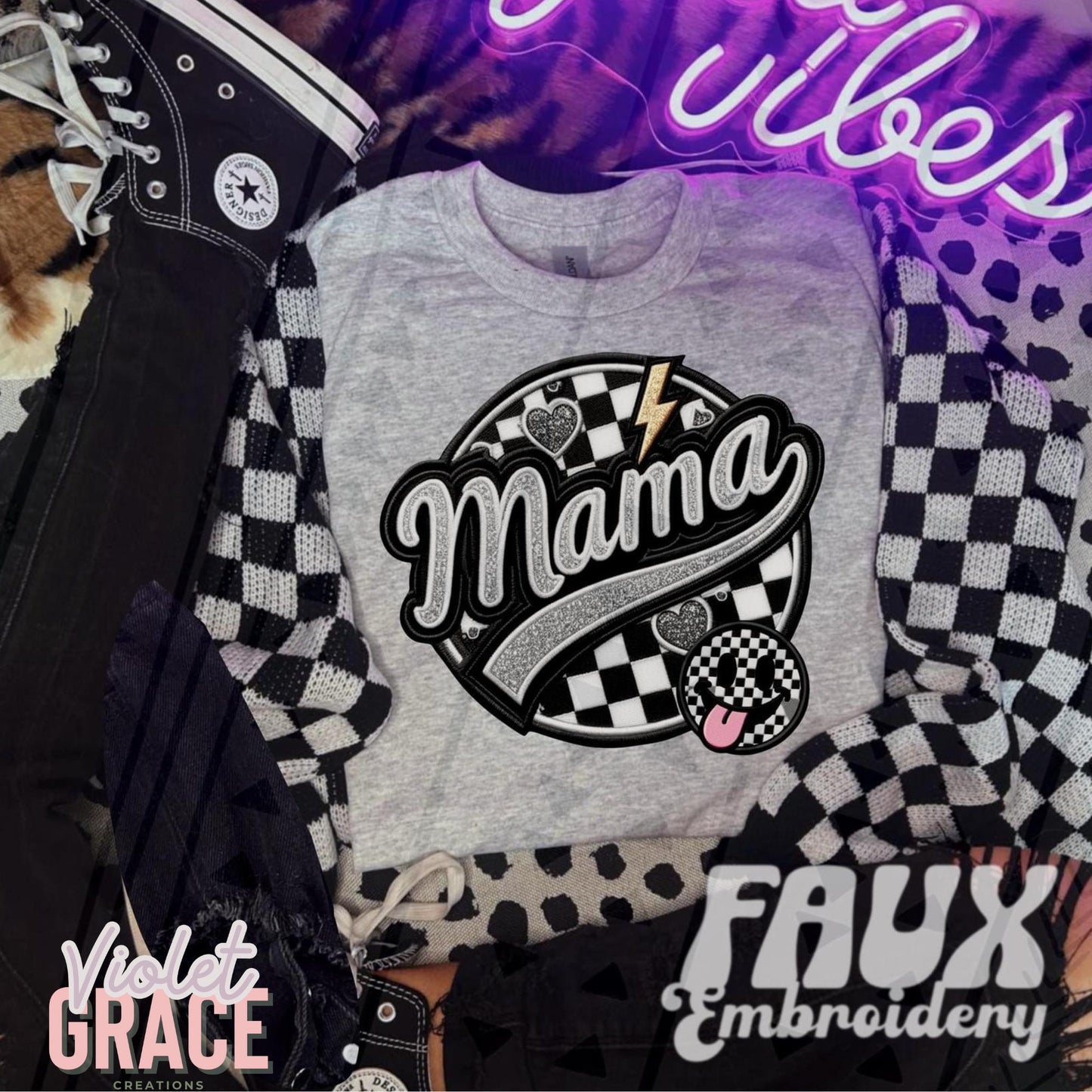 Trendy Checkered Mama Shirt | Faux Embroidery Details | Stylish Mom Fashion Statement