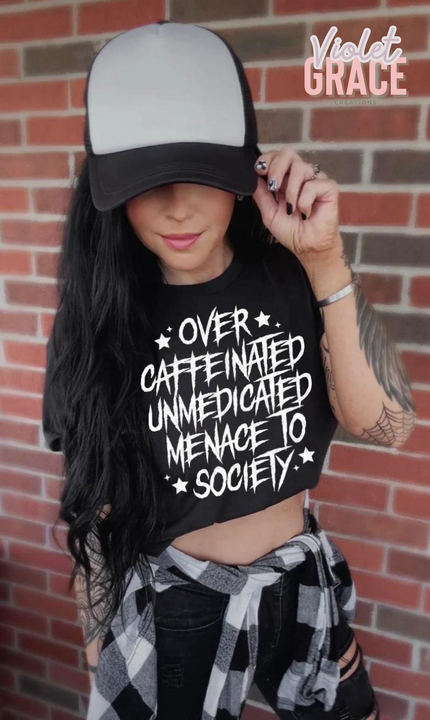 Funny Sarcastic Graphic T-Shirt| Over Caffeinated, Unmedicated, menace to society|